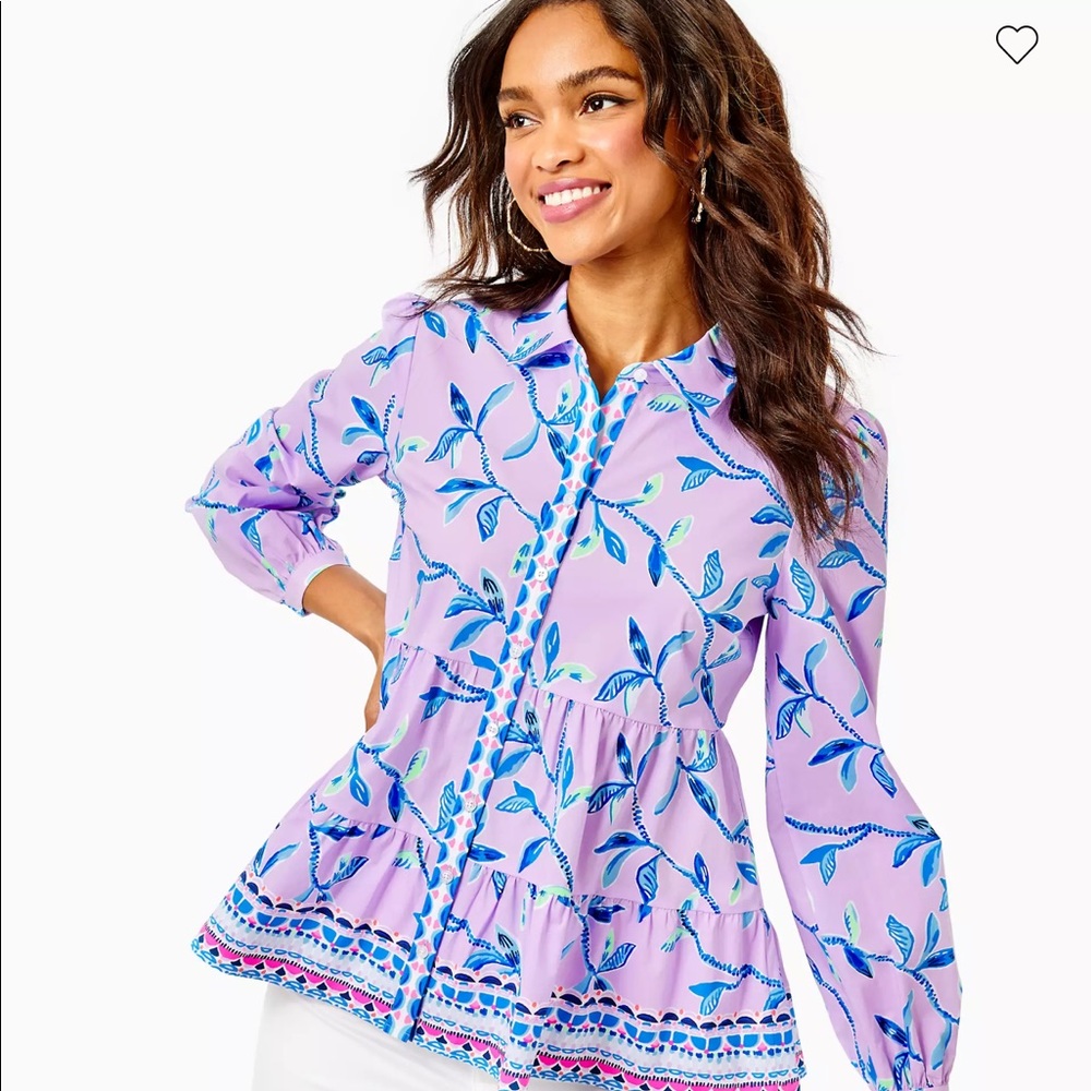 Lilly Pulitzer Kenna stretch tiered top Purple Iris Slathouse Jungle